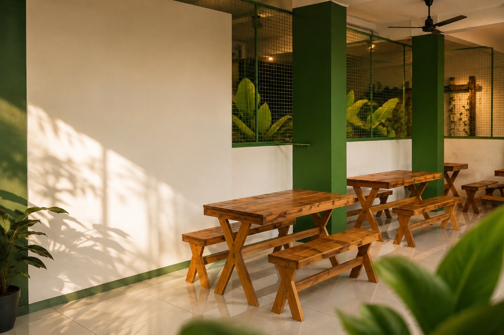 Aroma Bites Cochin interior featuring warm wood tables and green architecture
